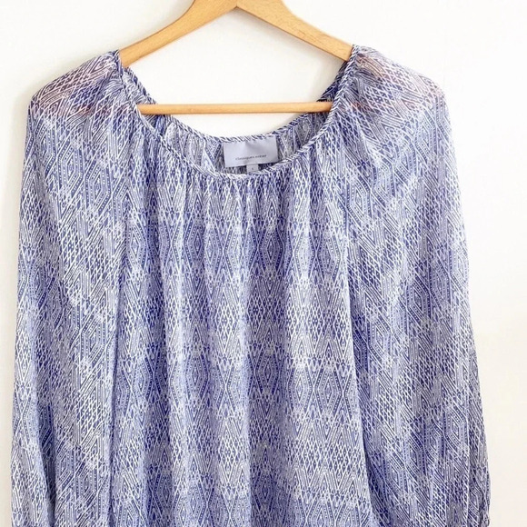 CLASSIQUES ENTIER 100% silk peasant boho sheer blouson sleeve printed blue top - Picture 2 of 6